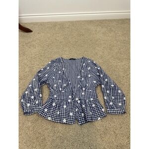 Zara Blouse Womens XS Blue Gingham Floral Embroidered Long Sleeve Peplum CropTop